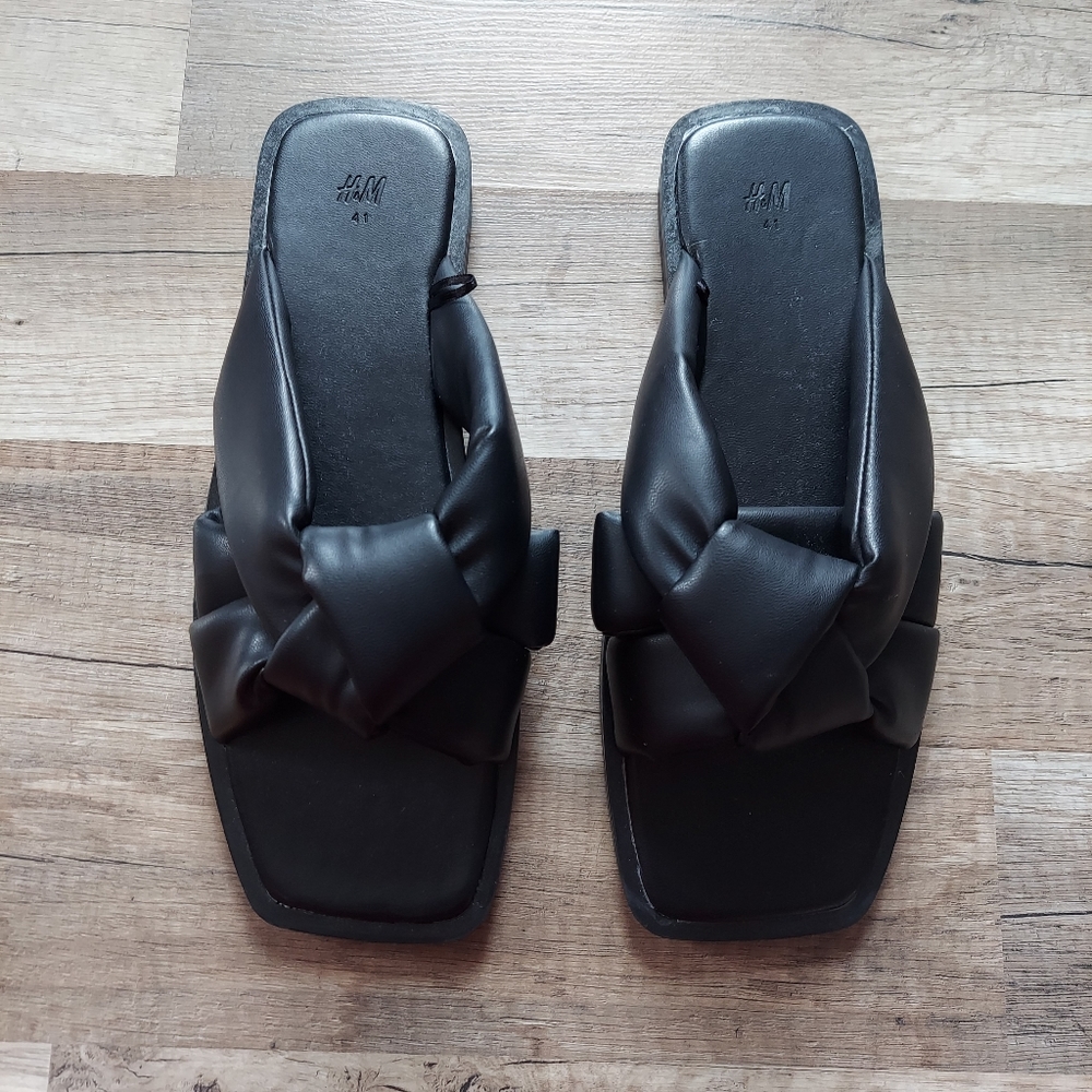H&M Slip On Flat Slide Sandal Black Braided Straps Size 10 - Picture 4 of 11